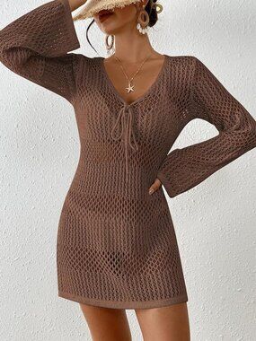 Crochet Knit Beach Cover Up Dress (Brown)